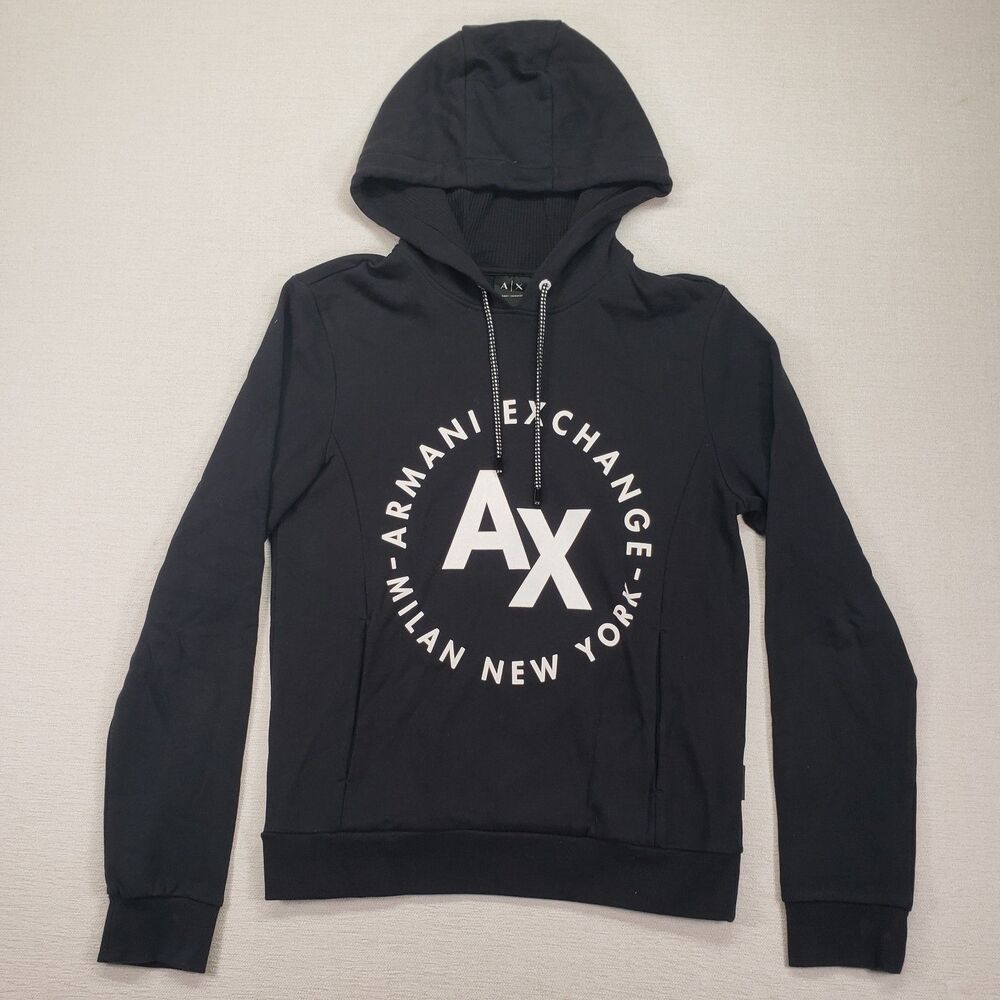 Armani Exchange Hoodie Mens Medium Black Graphic Circle Logo Pullover Sweatshirt